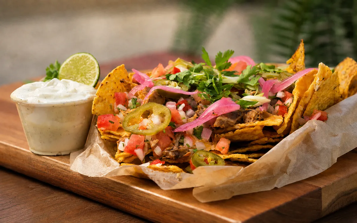 Loaded nachos served with a creamy dip and lime